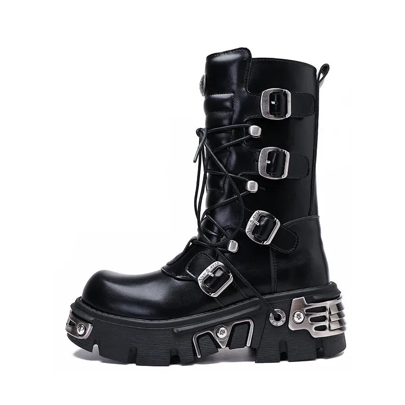 Women Punk Biker Boots Winter Black Leather Bellow Knee Boots