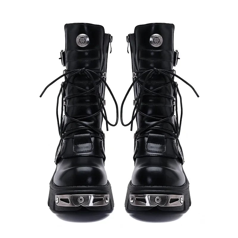 Women Punk Biker Boots Winter Black Leather Bellow Knee Boots