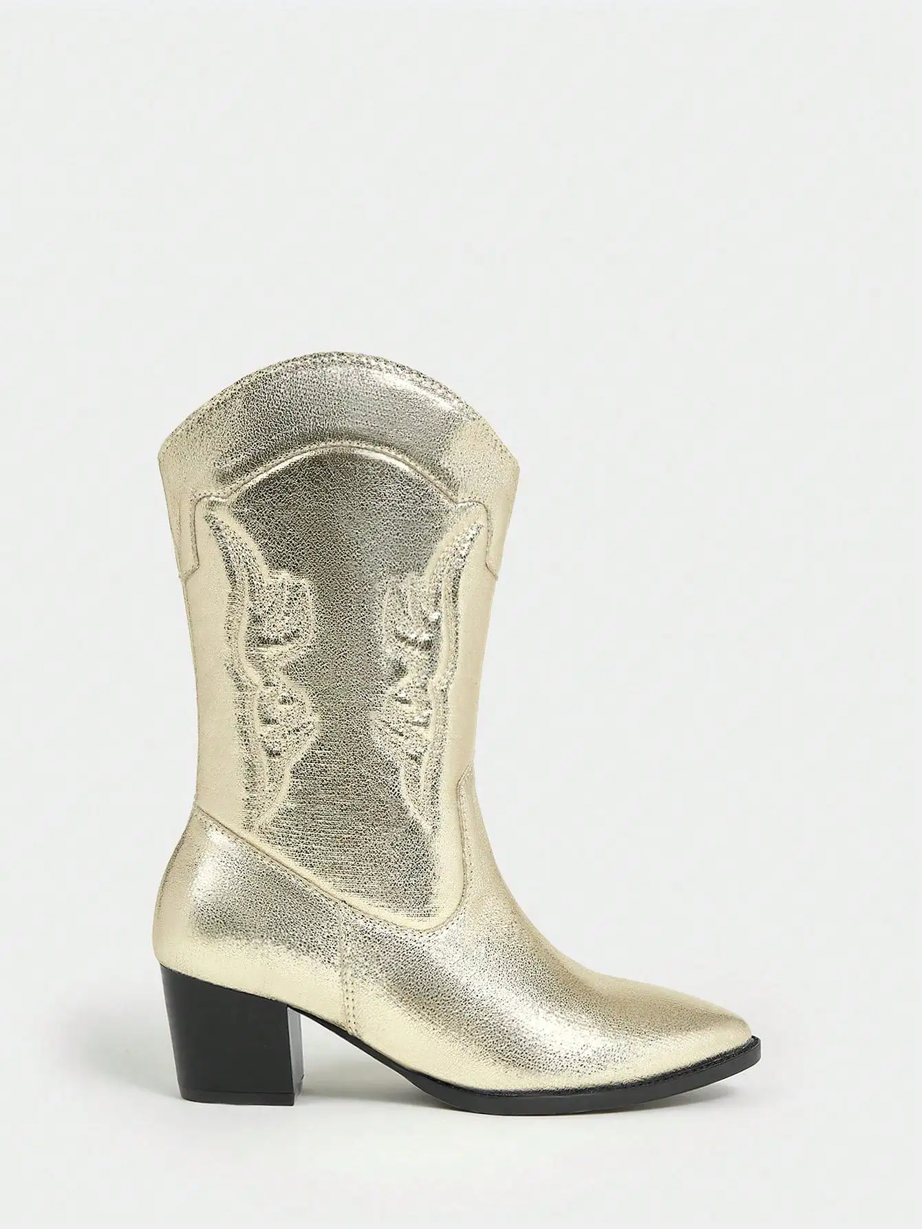 Women Shoes Fashion Point Toe Chunky Heel Gold Western Boots