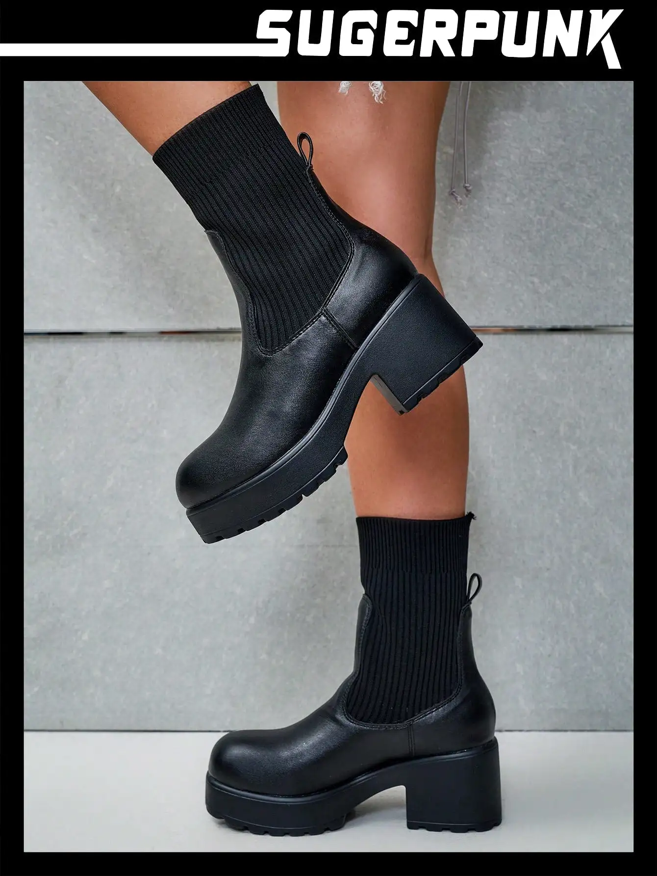 Women Shoes Fashion Round Toe Thick Sole Knit Black Versatile Boots