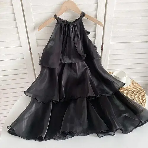 Women Summer Tops Dresses  Chic Sweet Halter Ruffles Patchwork Cake Dress Woman High Waist Dresses Women