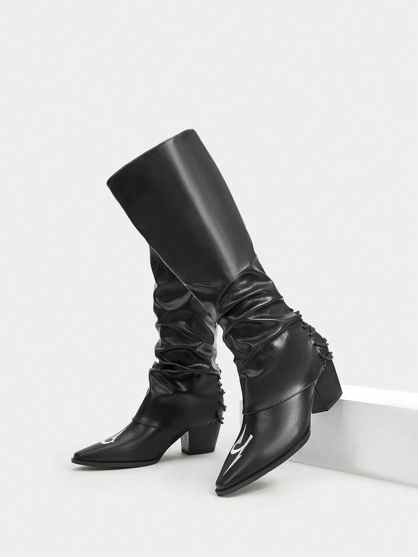 Women's Chunky Heel Ruched Boots, Fashionable Black Boots